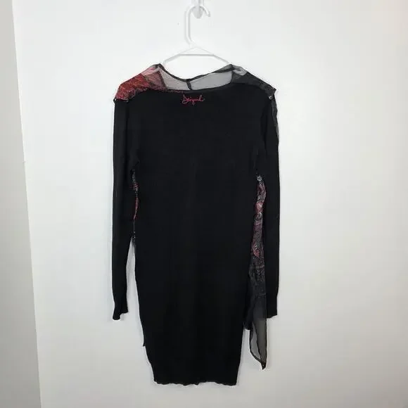 Desigual Black Red Paisley Scarf Overlay Bernard Long Sleeve Mini Dress Size S - Picture 5 of 6